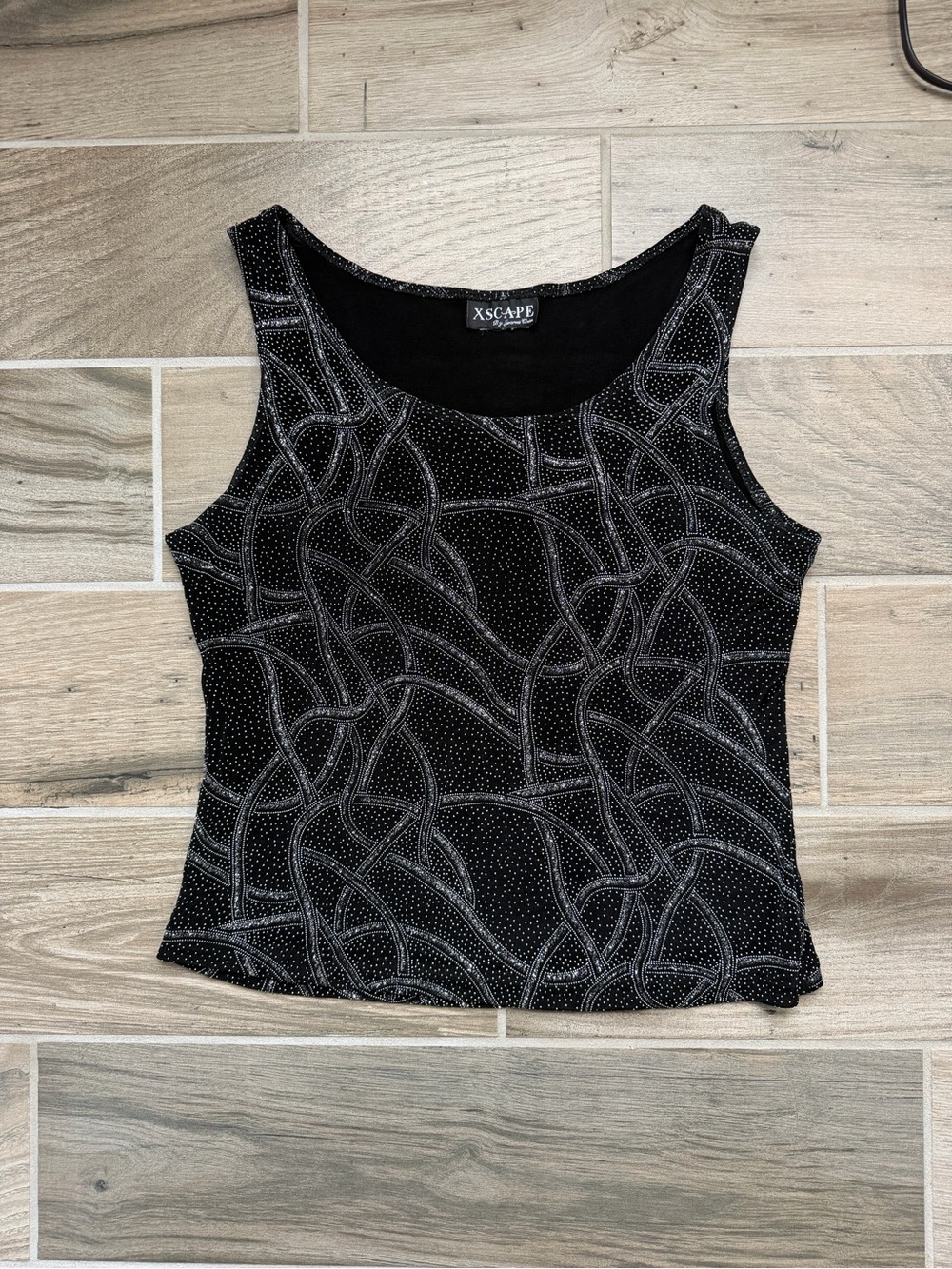Vintage Y2K XSCAPE Metallic Swirl Cyber Tank Top Black Silver Matrix Clubwear M
